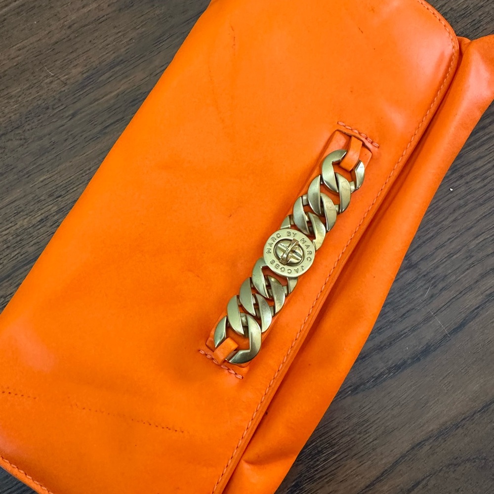 Marc By Marc Jacobs Vibrant Orange Leather Clutch with Gold Chain